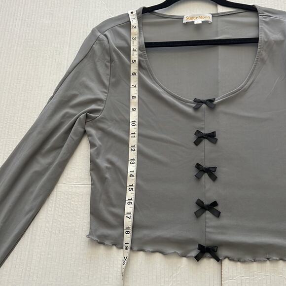 Sugar Moon Gray Mesh Bow Top XL Long Sleeve Ruffle Edge Coquette Y2K Crop - Picture 10 of 11